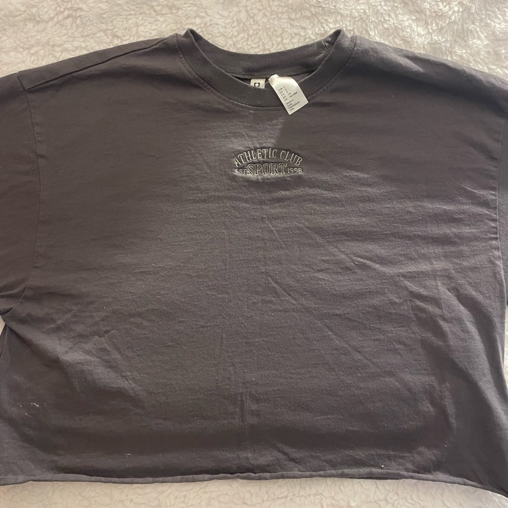 Divided Gray Crop Top Short Sleeve Crew Neck